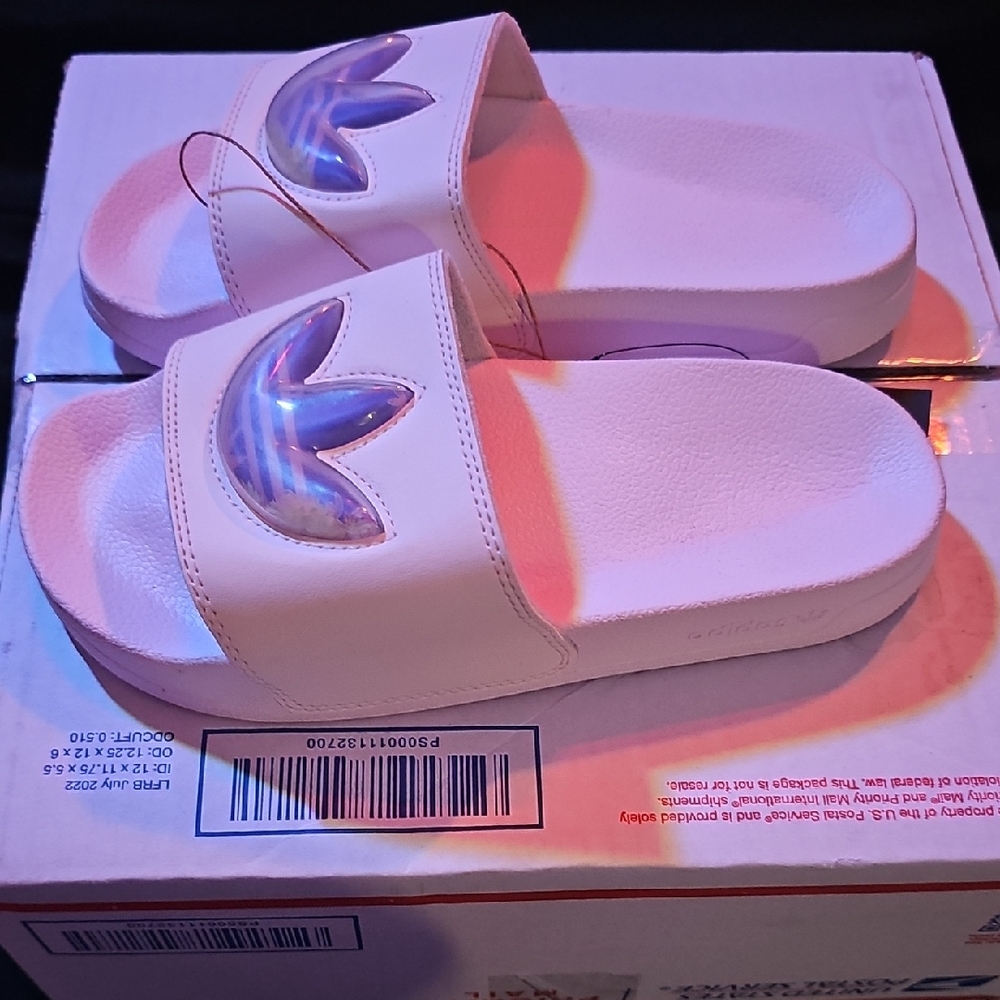 *Brand New* Adidas Adilette Pink Slippers with Iridescent Logo